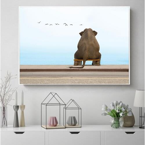Art Painting Elephant Seaside Dream Animals Landscape Modern Wall Art Hand Painted Posters and Prints Picture for Home Decor