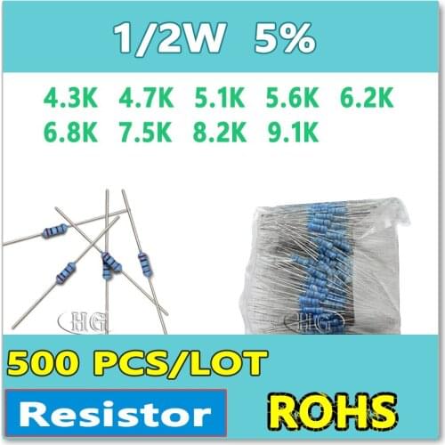 JASNPROSMA 500PCS/LOT 5% 1/2W 4.3K 4.7K 5.1K 5.6K 6.2K 6.8K 7.5K 8.2K 9.1K carbon film DIP OHM Resistor