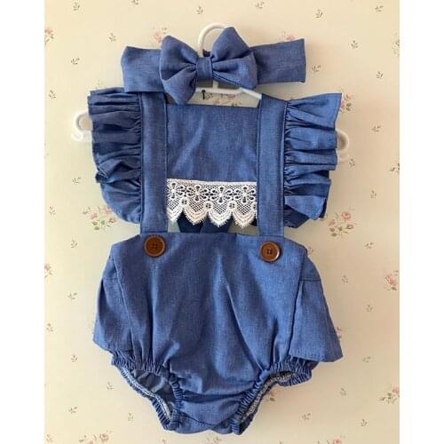 Pudcoco Newborn Infant Baby Girl Bodysuit 2020 New Kids Denim Bodysuits One-piece Headband 2pcs Ruffles Outfits