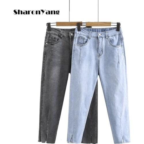 Summer 2021 Fashion Women Mom Jeans High Waist Pockets Zipper Female Pants Cotton Elastic Denim Pants Plus Size Harem Jeans