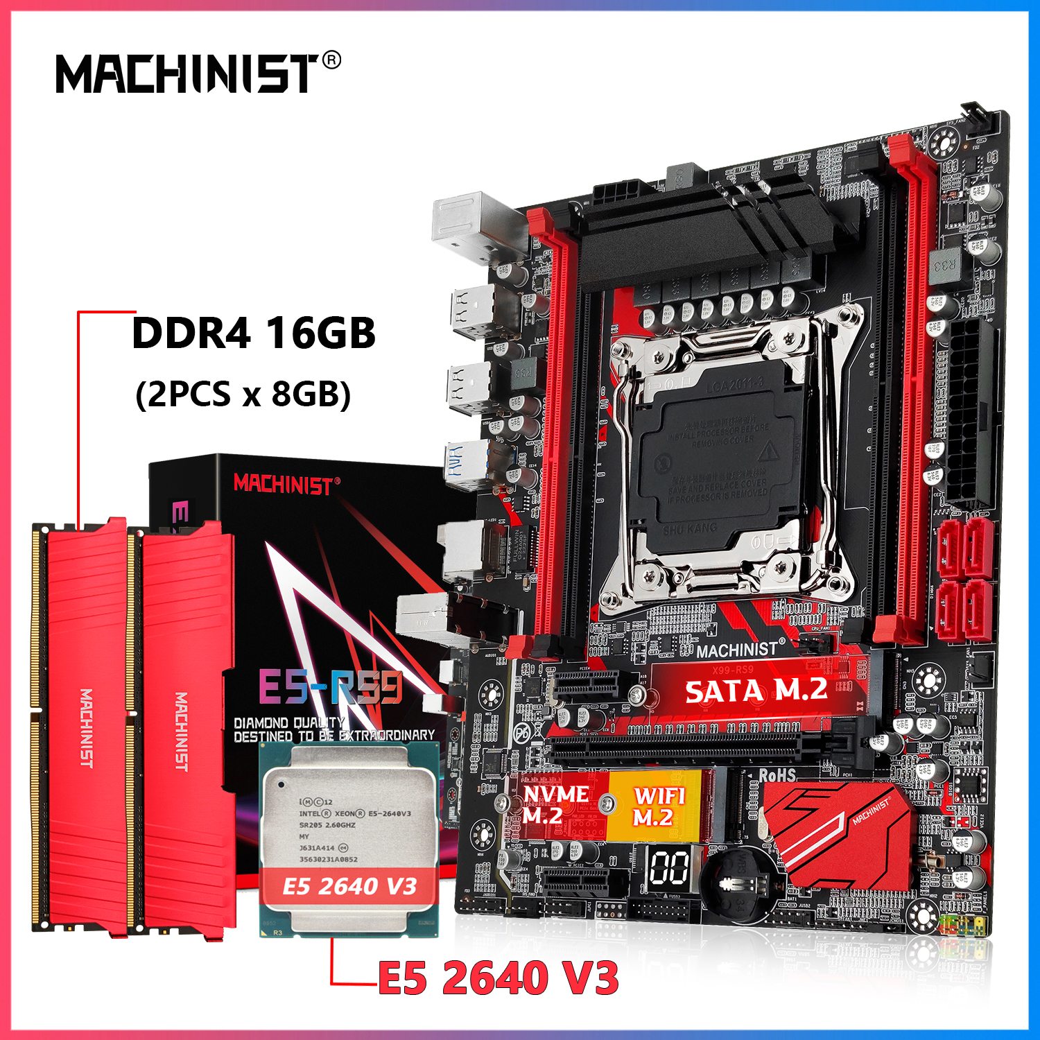 Machinist X99 Motherboard With Xeon E5 2640 V3 2*8GB DDR4 2666HMz Non-ECC Memory Combo Kit Set Four channels LGA 2011-3 x99 RS9