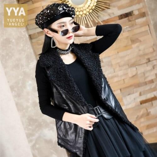Fashion Women Sheepskin Genuine Leather Vest Slim Fit Faux Fur Collar Sleeveless Outwear Jacket Ladies Natural Leather Waistcoat