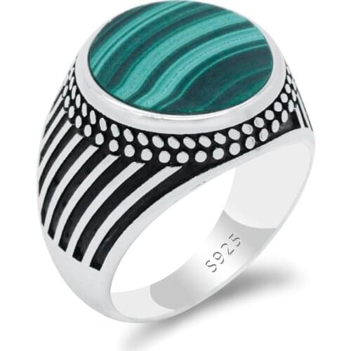 Vintage 925 Sterling Silver Men Rings with Natural Malechite Stone Stripe Ring Thai Silver Turkish Jewelry to Male Women Gift
