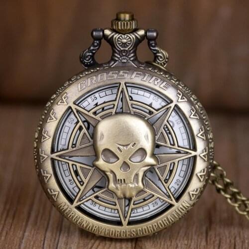 New Retro Bronze Skull Quartz Pocket Watches Fashion Style Best Christmas Gift Pendant for Mens Womens with Fob Necklace Chain