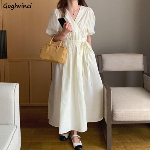Dresses Women A-Line Puff Sleeve Holiday Solid Leisure Elegant Korean Style Harajuku Sexy Ladies Fashion Cozy Vintage Summer Ins