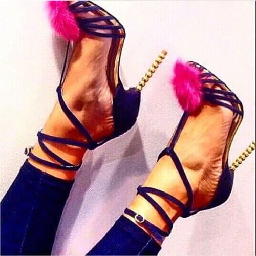 Stylish Soft Rose Mink Fur Decor Silk Strappy Sandals Women Metal Beads High Heels Lace Up Sandals Summer Party Dress Shoes