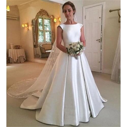 Scoop A-Line Satin Wedding Dresses Hand Made Open Back Ivory Satin Bridal Dresses Court Train Backless Bow Accessory