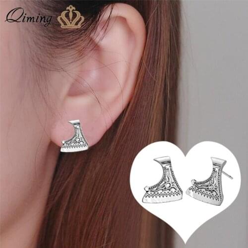 QIMING Sun Axe Stud Earrings Female Women Hip Hop Men fashion Vintage Earrings Hatchet Nordic Slavic Viking Jewelry Earing