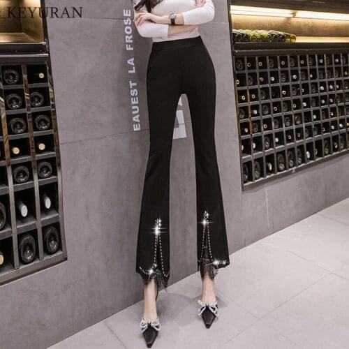 Lace Stitching Hot Diamond Split Flared Pants Womens Spring Summer New Black Elastic Waist Ankle-Length Pants Casual Trousers