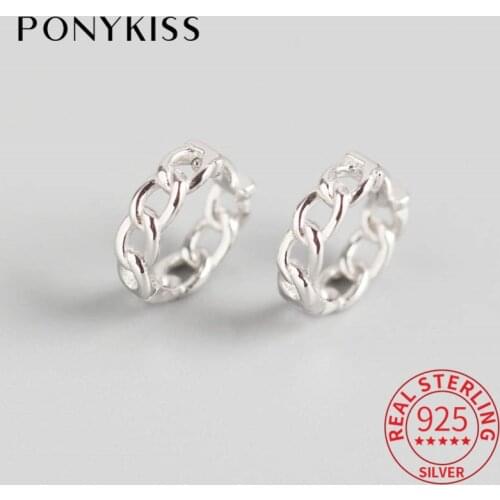 PONYKISS Genuine S925 Sterling Silver Geometry Chain Minimlist Hoop Earrings Women Party Fine Jewelry Accessories Classic Gift