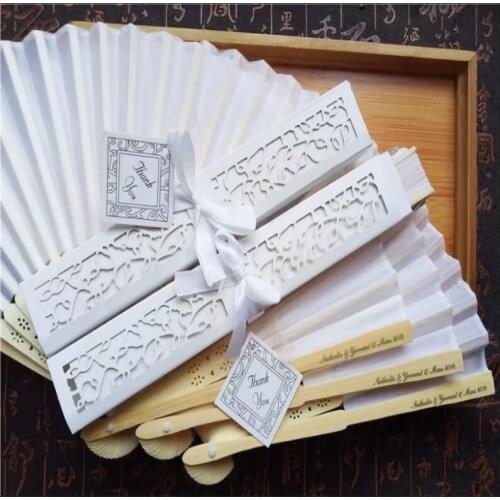 200pcs/lot Customized Printing Hand Fans Spun Silk Wedding Fans +Laser-Cut Gift Box Wedding Gifts