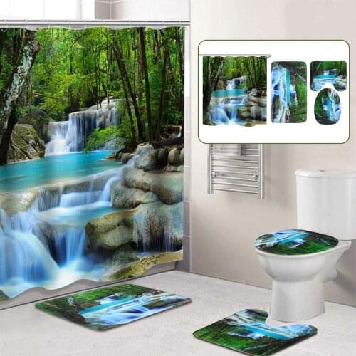 3D Waterfall Scenery Waterproof Shower Curtain Bathroom Landscape Trees Flower Bath Mat Set Pedestal Rug Lid Toilet Cover