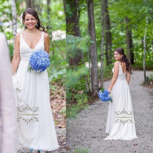 Brilliant 2019 Chiffon Wedding Dress Sexy V-neck Women Girl Bride Gown Bridal Party A Line Crystals Chiffon Sweet / Brush Train