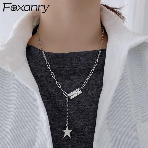 FOXANRY New 925 Sterling Silver Necklace 2021 Trendy Vintage Splicing Chain Couples Simple Smiley Face Star Tassel Party Jewelry