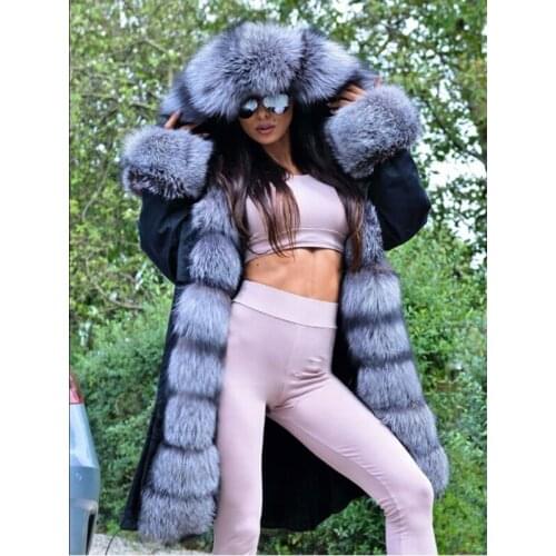 FURSARCAR Fashion New Real Fur Parka Women Thick Luxury Silver Fox Fur Collar Jacket Winter Fur Female Parkas Plus Size