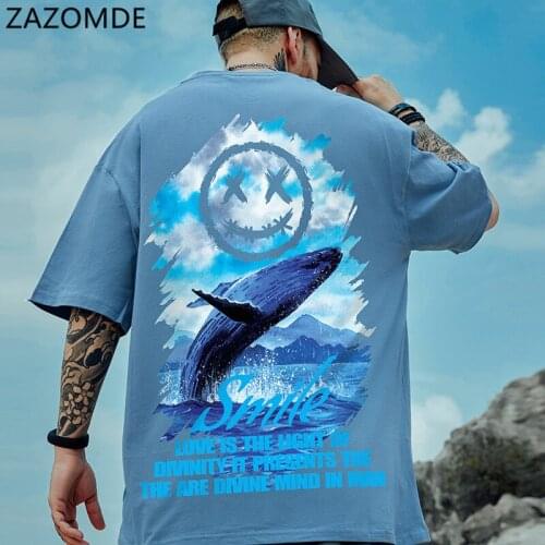 ZAZOMDE Summer Oversized Tees Smiling Face Whale printing Short-sleeved T-shirt Male Tide Ins Trend Couple Large Size Streetwear