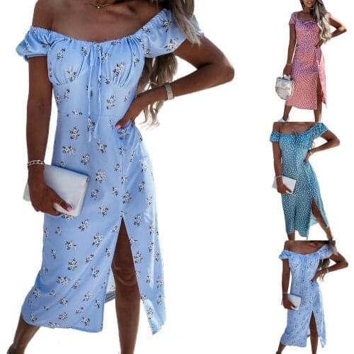 Hot Sale Ladies Split Dress Printing Elastic Neckline Sexy Dress for Beach