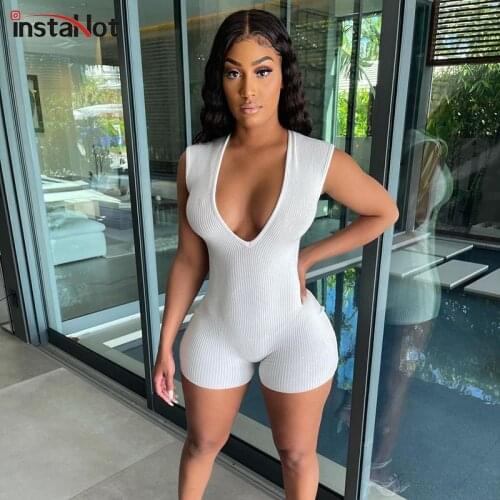 InstaHot Sexy Skinny Playsuit V Neck Knitted One-pieces Bodysuit Slim Bodycon Casual Fitness Women Short Sleeve Summer Playsuit