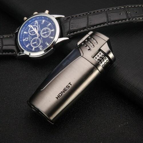 Honest Windproof Jet Flame lighter Inflatable Butane Cigar Lighter 3 Nozzles Cigarette Lighter Smoking Accessories Gift for Men