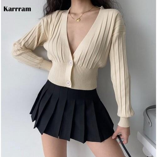 Karrram Vintage Sexy Deep V-neck Knitted Cardigan Women Autumn Ribbed Long Sleeve Cropped Cardigans Korean Japanese Knitwear