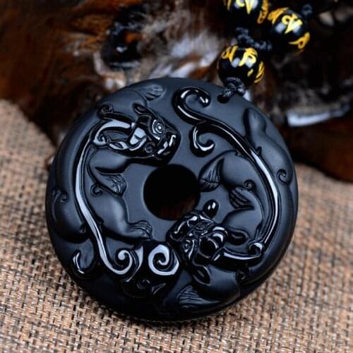 Beautiful Handwork Natural Black Obsidian Carved PiXiu Safety Buckle Lucky Pendants + free Necklace Fine Fashion Jewelry