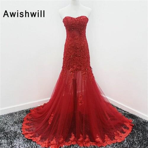 Red Prom Dress Long Train Real Photos Strapless Lace Appliques Tulle Mermaid Evening Dress Gala Party Gowns