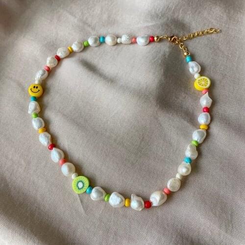 Trendy Delicate Colorful Summer Look At Her Choker Kiwi-Fruit Orange Beads Real Baroque Pearl Necklace Simily Jewelry for Women