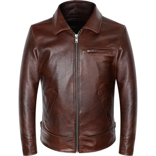 BONJEAN Brand Mens Leather Jacket Real Cowhide Coat Genuine Leather Red Brown Winter Men Motorcycle Jackets High Quality