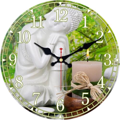 Wall Clock Buddha Meditating Burning Candles, Bamboo Leaves and Zen Stones Wooden Round Wall Clock Home Decor Clock for Bedroom