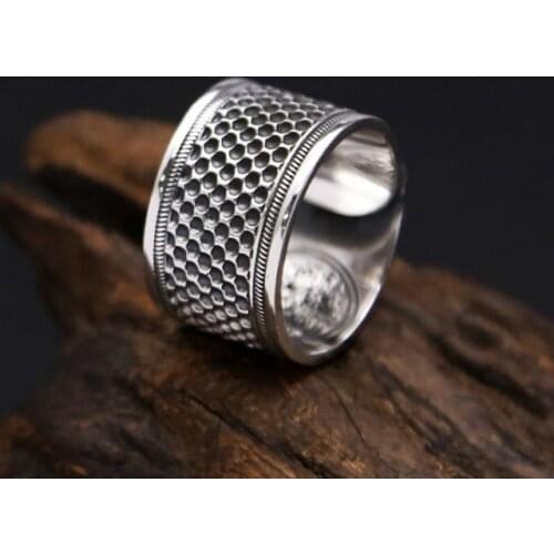 Original design Thai silver honeycomb-shaped craft open ring unique charm elegant bohemian womens brand jewelry