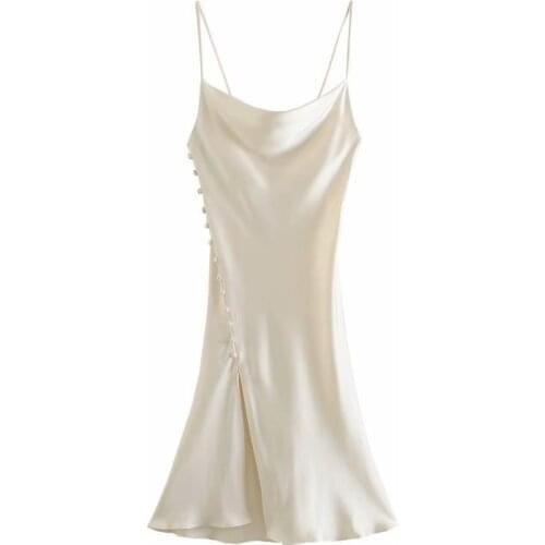 New Pop Summer Women Satin Sling Dress elegant Chic lady Casual Vogue Woman Midi Slit dress