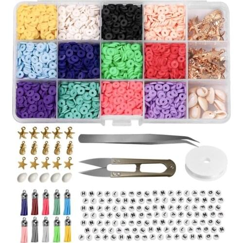 Flat Round Polymer Clay Spacer Beads with Pendant Accessory and Elastic Cord for Diy Jewelry Making Bracelet Necklace A5KE