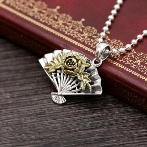925 Sterling Silver Inlaid Ethnic Peony Fan Pendant Jewelry Gifts