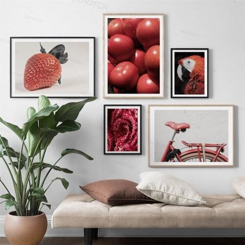 Tomato Red Strawberry Rose Flower Parrot Bike Wall Art Canvas Painting Living Room Kitchen Decor Posters and Prints Unframed