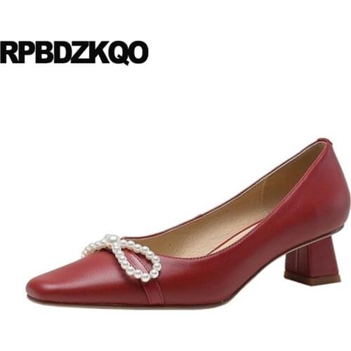 Party Shoes For Women High Heels Pumps Block Square Toe Bow Bridesmaid Pearl Genuine Leather Trending Girls Footwear Wine Red