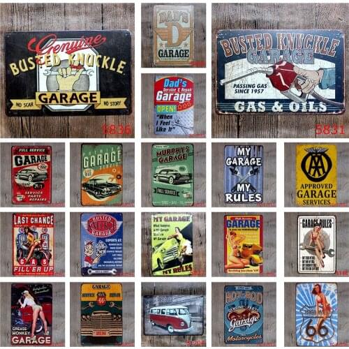 Buster Knuckle Garage Vintage Metal Plaques No Scar No Story Dads Garage Gas & Oils Rules for Garage Art Wall Decoration Tintin