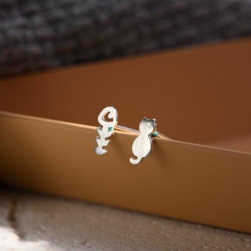 Wollet 925 Sterling Silver Cat Fish Bone Earrings Female Sweet and Cute Kitten Hollow Asymmetric Earrings Korean Accessories