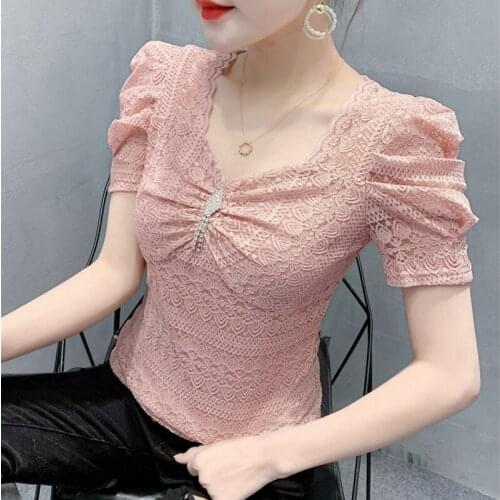 New 2021 Summer Short Sleeve Lace Tops Sexy V-Neck Diamonds Womens T-Shirt Elegant Slim Casual Blusas