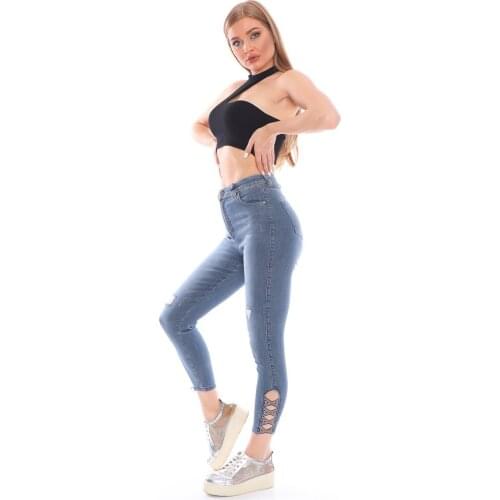 Women, Jeans, Slim Fit, High Waist, Sequined, Lycra, Sequin, Flexible, Blue, Solid Color, Full Length, Cotton Denim Trousers