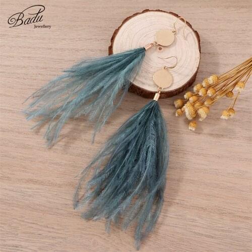 Badu Vintage Ostrich Feather Earring Long Drop Dangle Earrings for Holiday Gold Metal Pendant Women Christmas Jewelry Wholesale