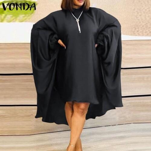 Women Satin Dress Sexy Long Sleeve Solid Color Party Dress 2021 VONDA Casual Midi Vestido Plus Size Robe Femme S-5XL