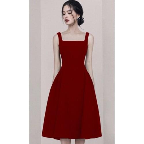 Spaghetti Strap Summer Midi Dress Women Slash Neck Red Party Dress High Waist A-Line Office Luxury Runway Dress Plus Size C281