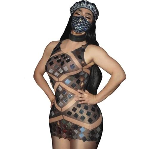 Nightclub Party Geometry Pattern Sequin Mesh Perspective Dress Women Prom Sexy See Through Dress DJ DS Dance Bodycon Dress