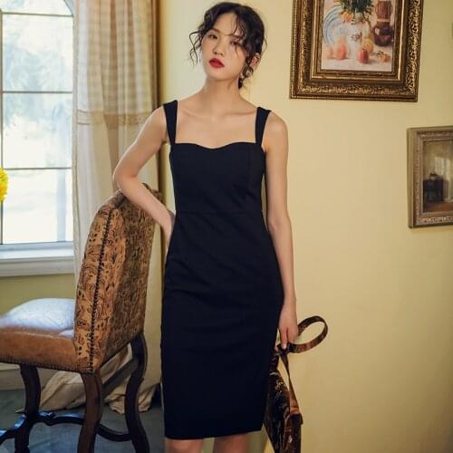Fashion women new arrival sleeveless black sexy dress casual vintage party high quality Spaghetti Strap lovely pencil dress
