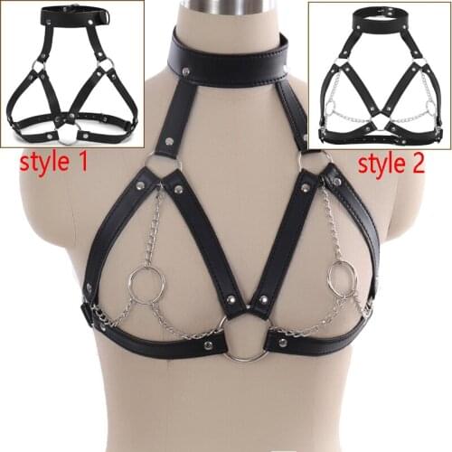 SM Sexy Leather Lingerie Cupless Bra Collar Metal Chain Metal Ring Underwear Body Bondage Harness Breast Flirting Women Sex Toys