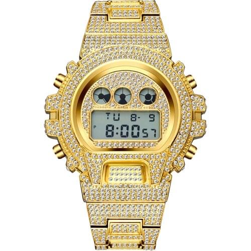 Iced Out Diamond Watch Men Luxury LED Digital Mens Watches Waterproof Sports Wristwatch Man Fashion 18K Gold Steel Male Clock