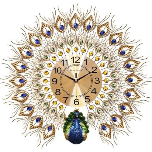 60*58cm Peacock Wall Clock Modern Design Luxury Wall Watch Bedroom Living Room Decoration Quartz Silent Golden Clocks HW128
