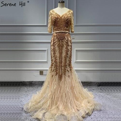 Dubai Gold V-Neck Fashion Mermaid Evening Dresses 2020 Real Photo Half Sleeve Beading Sequined Sexy Formal Evening Gowns LA6563