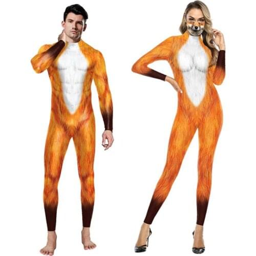 Fox Printing Cosplay Costume for Women Men Halloween Party Bodysuits Long Sleeve Flexible Jumpsuits Fitness Couple Outfit Unisex