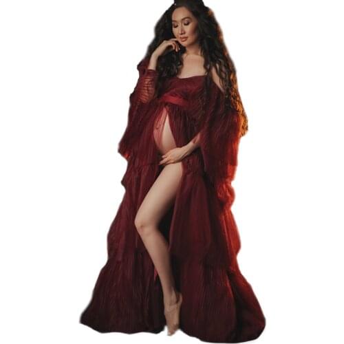 Red Ruffles Tiers Long Maternity Gown Lace UP Kimono Tiered A-line Prom Gowns Puffy Sleeves African Cape Cloak Maternity Dress